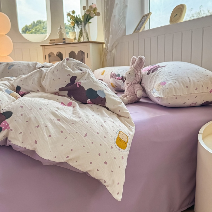 91家纺网 家纺一手货源 找家纺 丝芙妮家居（原乐视家纺） 2025春夏新款水洗皱皱棉印花四件套 奶油狗