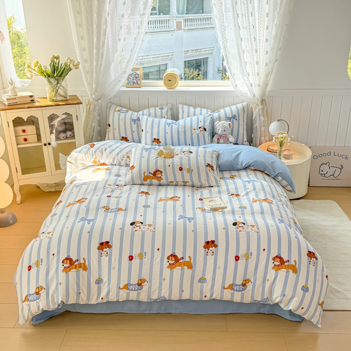 91家纺网 家纺一手货源 找家纺 丝芙妮家居（原乐视家纺） 2025春夏新款水洗皱皱棉印花四件套 甜宠小狗