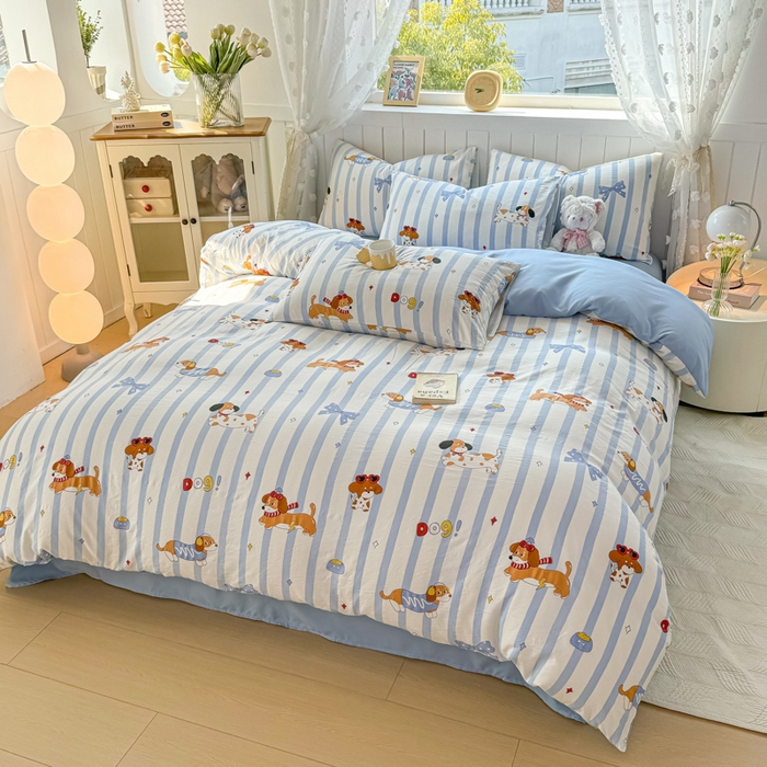 91家纺网 家纺一手货源 找家纺 丝芙妮家居（原乐视家纺） 2025春夏新款水洗皱皱棉印花四件套 甜宠小狗