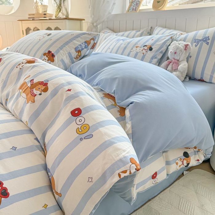 91家纺网 家纺一手货源 找家纺 丝芙妮家居（原乐视家纺） 2025春夏新款水洗皱皱棉印花四件套 甜宠小狗