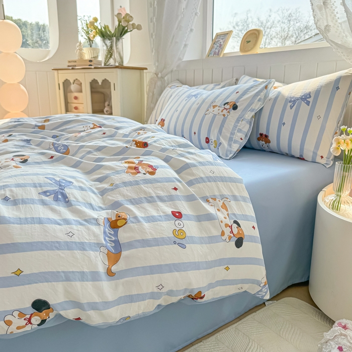 91家纺网 家纺一手货源 找家纺 丝芙妮家居（原乐视家纺） 2025春夏新款水洗皱皱棉印花四件套 甜宠小狗