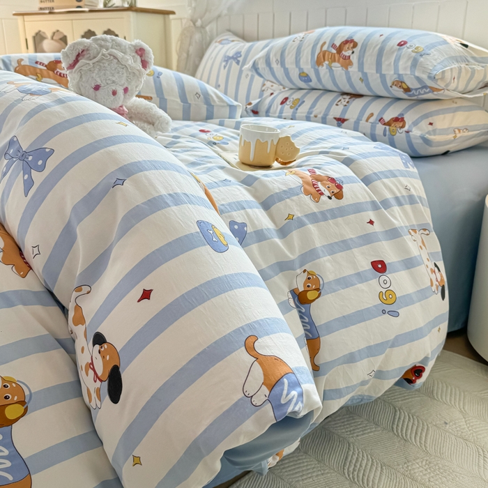 91家纺网 家纺一手货源 找家纺 丝芙妮家居（原乐视家纺） 2025春夏新款水洗皱皱棉印花四件套 甜宠小狗