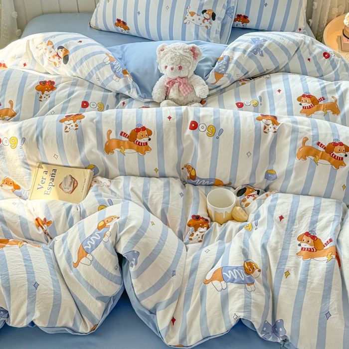 91家纺网 家纺一手货源 找家纺 丝芙妮家居（原乐视家纺） 2025春夏新款水洗皱皱棉印花四件套 甜宠小狗