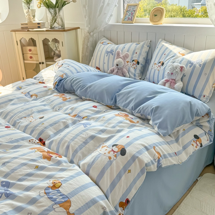 91家纺网 家纺一手货源 找家纺 丝芙妮家居（原乐视家纺） 2025春夏新款水洗皱皱棉印花四件套 甜宠小狗