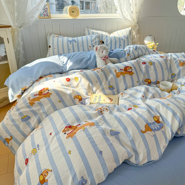 91家纺网 家纺一手货源 找家纺 丝芙妮家居（原乐视家纺） 2025春夏新款水洗皱皱棉印花四件套 甜宠小狗