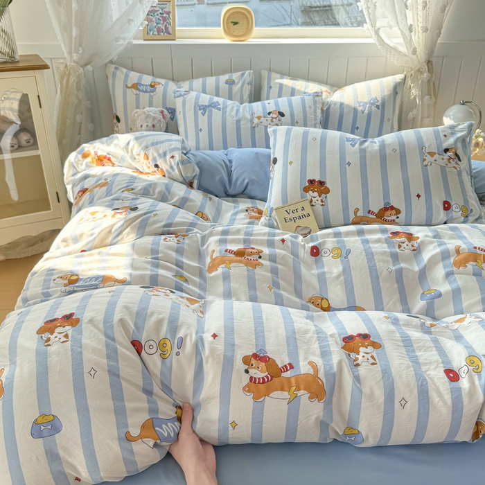 91家纺网 家纺一手货源 找家纺 丝芙妮家居（原乐视家纺） 2025春夏新款水洗皱皱棉印花四件套 甜宠小狗