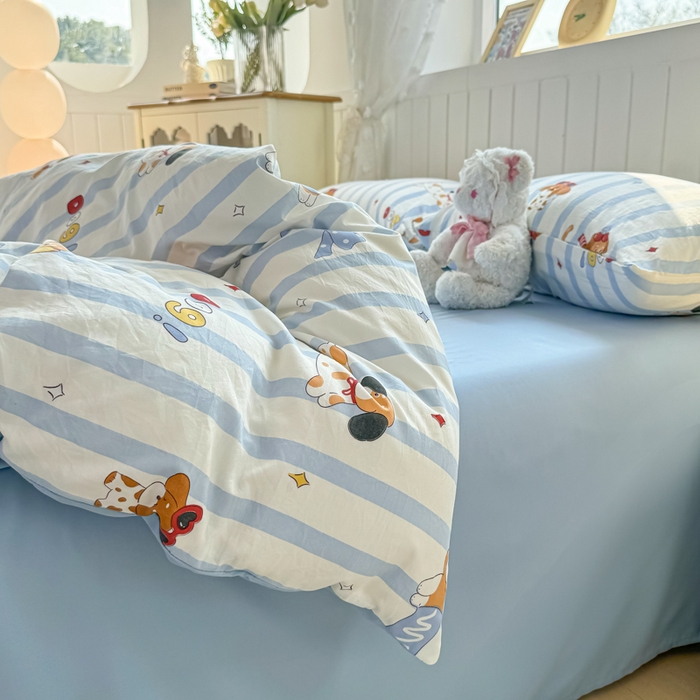 91家纺网 家纺一手货源 找家纺 丝芙妮家居（原乐视家纺） 2025春夏新款水洗皱皱棉印花四件套 甜宠小狗