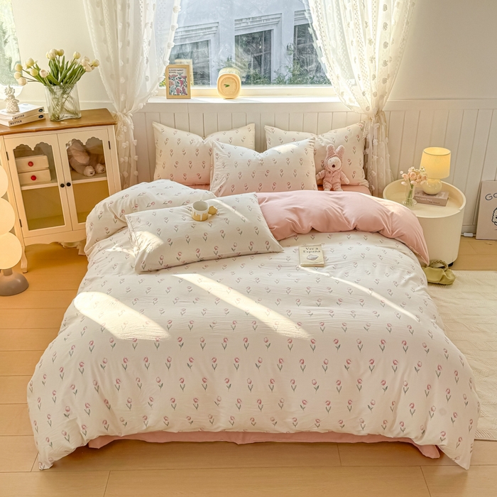 91家纺网 家纺一手货源 找家纺 丝芙妮家居（原乐视家纺） 2025春夏新款水洗皱皱棉印花四件套 雾幸