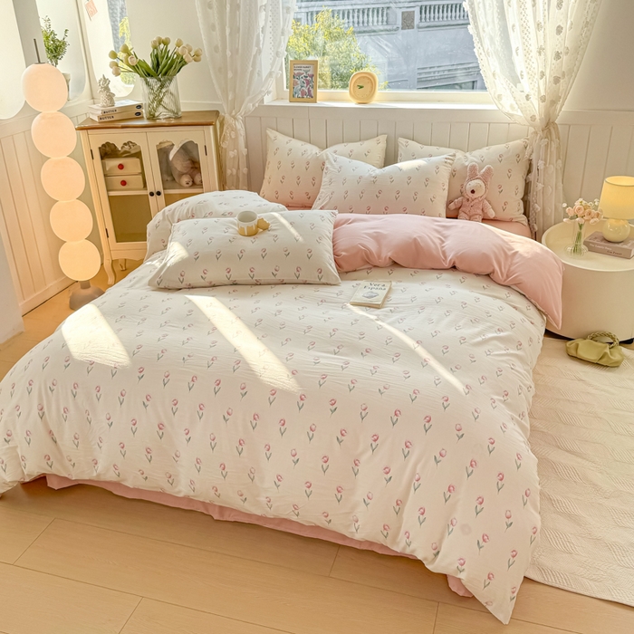 91家纺网 家纺一手货源 找家纺 丝芙妮家居（原乐视家纺） 2025春夏新款水洗皱皱棉印花四件套 雾幸