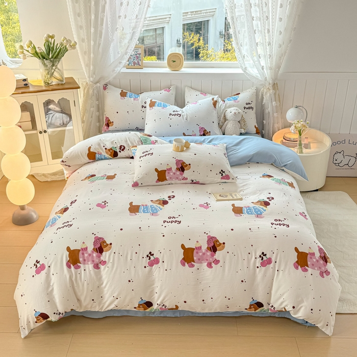 91家纺网 家纺一手货源 找家纺 丝芙妮家居（原乐视家纺） 2025春夏新款水洗皱皱棉印花四件套 小腊肠