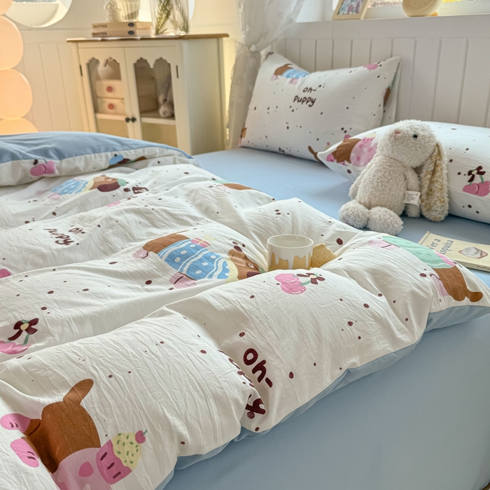 91家纺网 家纺一手货源 找家纺 丝芙妮家居（原乐视家纺） 2025春夏新款水洗皱皱棉印花四件套 小腊肠