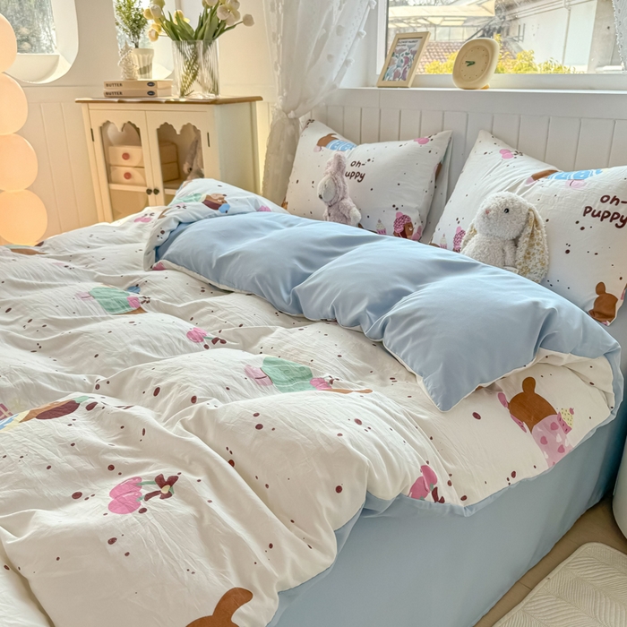 91家纺网 家纺一手货源 找家纺 丝芙妮家居（原乐视家纺） 2025春夏新款水洗皱皱棉印花四件套 小腊肠