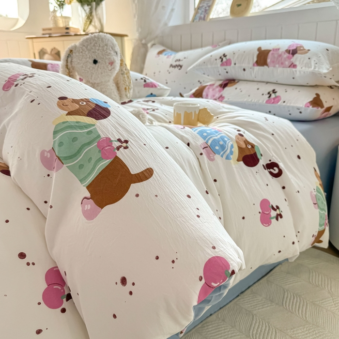 91家纺网 家纺一手货源 找家纺 丝芙妮家居（原乐视家纺） 2025春夏新款水洗皱皱棉印花四件套 小腊肠