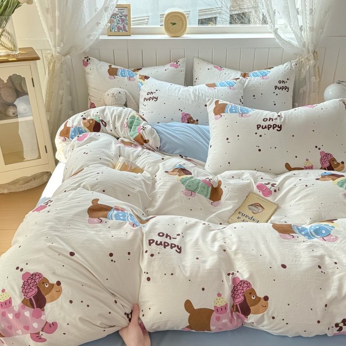 91家纺网 家纺一手货源 找家纺 丝芙妮家居（原乐视家纺） 2025春夏新款水洗皱皱棉印花四件套 小腊肠