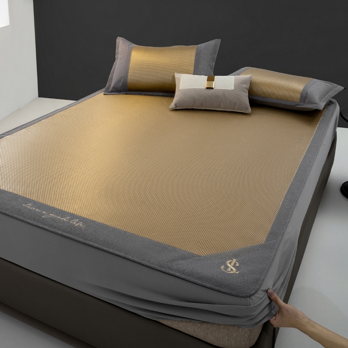 91家纺网 家纺一手货源 找家纺 （总）宜家坊 2025新款A类纯色绣花冰藤席凉席三件套