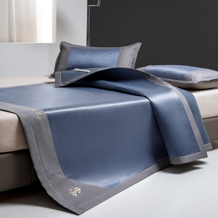 宜家坊 2025新款A类纯色绣花冰藤席凉席三件套 藏蓝-床席款