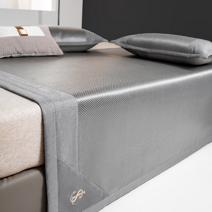 91家纺网 家纺一手货源 找家纺 宜家坊 2025新款A类纯色绣花冰藤席凉席三件套 典雅灰-床席款