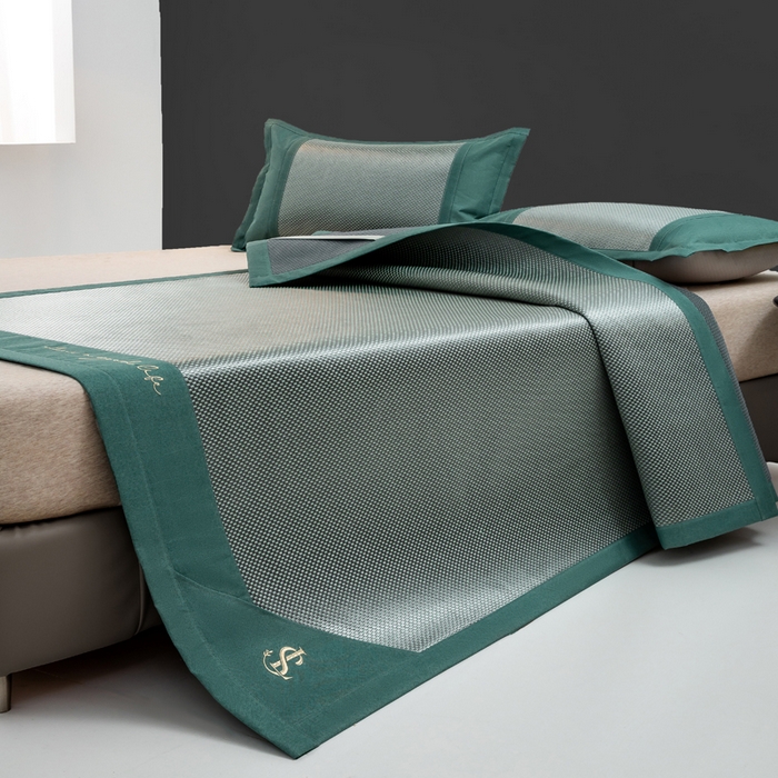 宜家坊 2025新款A类纯色绣花冰藤席凉席三件套 松花绿-床席款
