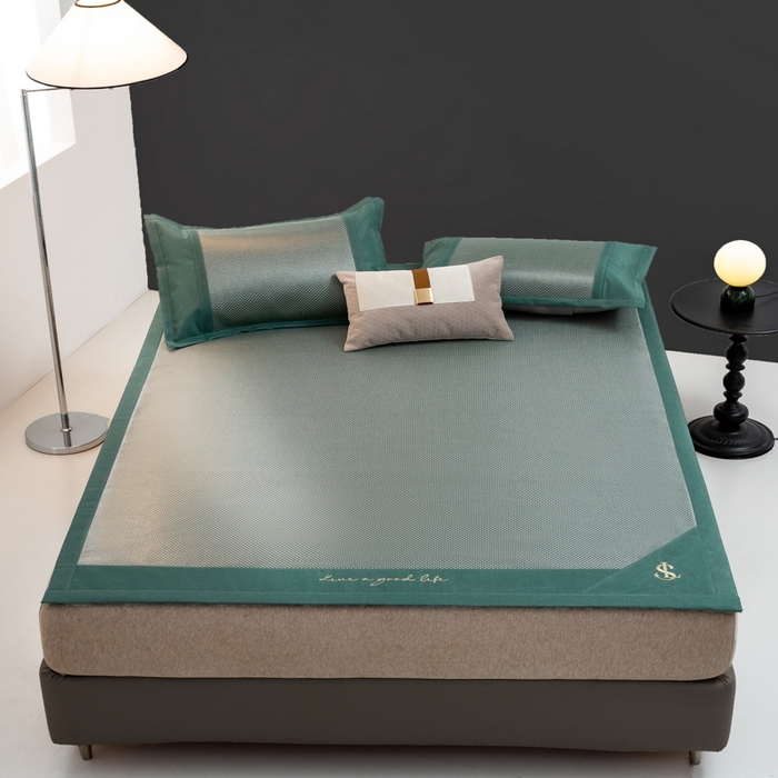 91家纺网 家纺一手货源 找家纺 宜家坊 2025新款A类纯色绣花冰藤席凉席三件套 松花绿-床席款