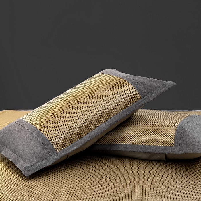 91家纺网 家纺一手货源 找家纺 宜家坊 2025新款A类纯色绣花冰藤席凉席三件套 曙光金-床笠款