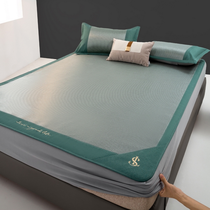 宜家坊 2025新款A类纯色绣花冰藤席凉席三件套 松花绿-床笠款