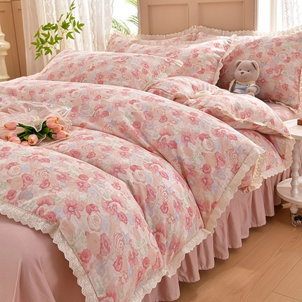 绘萱家居 2025新款100%全棉双层纱花边床裙款四件套 CQ花叮