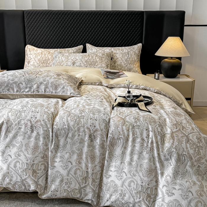 91家纺网 家纺一手货源 找家纺 （总）洺兰家居 2025春夏新款100支莱赛尔天丝贡缎数码印花麻绳款四件套高端礼盒