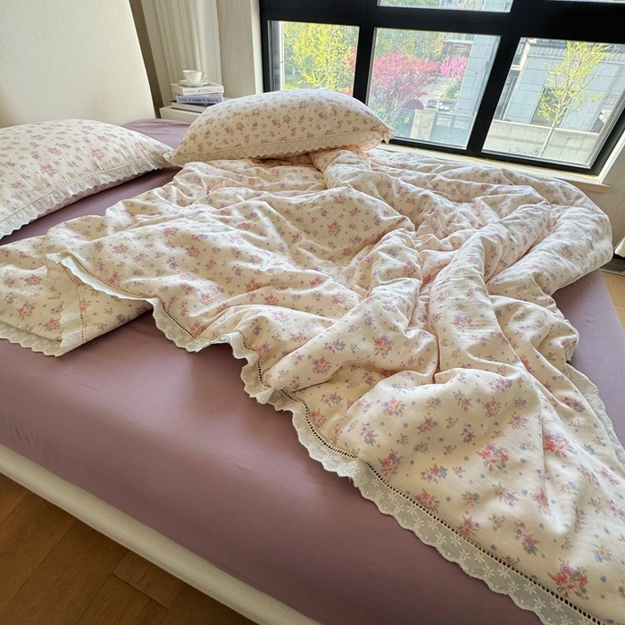 91家纺网 家纺一手货源 找家纺 8+8 （花型持续更新中）2025新款全棉双层纱镂空花边/皱皱花边四件套 梦露