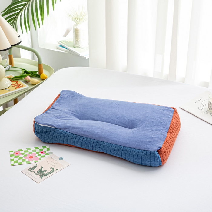 91家纺网 家纺一手货源 找家纺 萌番宝全荞麦壳枕芯全棉砂洗三维立体分区荞麦颈椎枕纯植物草本薰衣草枕头 蓝+橙色