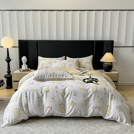 91家纺网 家纺一手货源 找家纺 （总）洺兰家居 2025春夏新款100支莱赛尔天丝贡缎数码印花麻绳款四件套高端礼盒