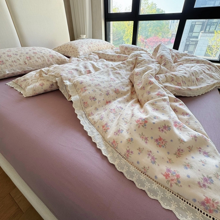 91家纺网 家纺一手货源 找家纺 8+8 （花型持续更新中）2025新款全棉双层纱镂空花边/皱皱花边四件套 梦露