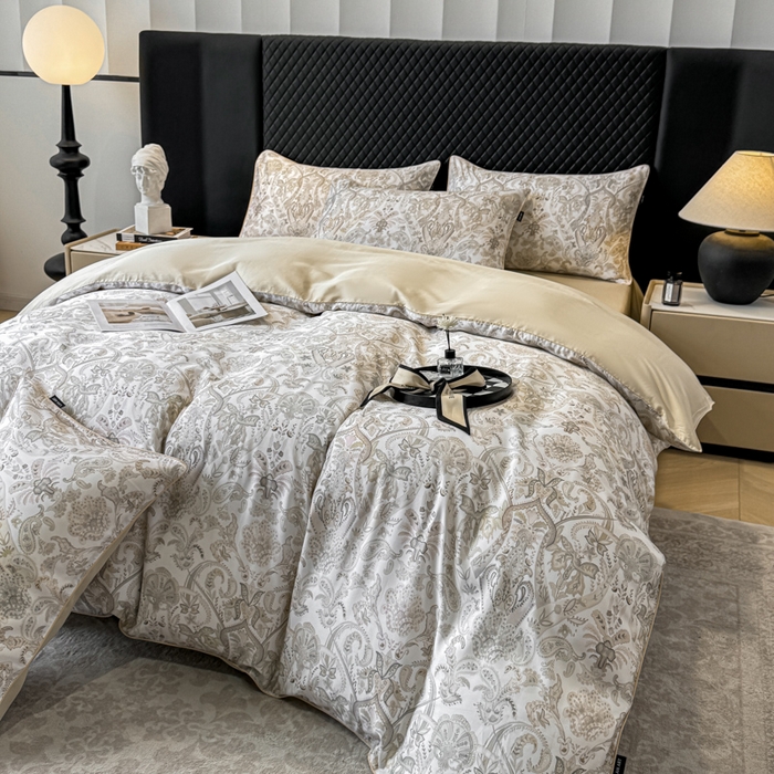 91家纺网 家纺一手货源 找家纺 （总）洺兰家居 2025春夏新款100支莱赛尔天丝贡缎数码印花麻绳款四件套高端礼盒