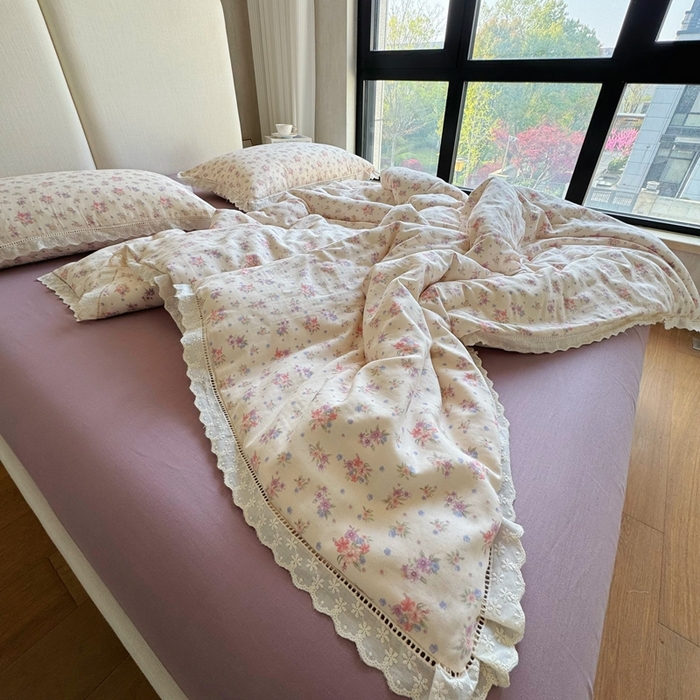 91家纺网 家纺一手货源 找家纺 8+8 （花型持续更新中）2025新款全棉双层纱镂空花边/皱皱花边四件套 梦露