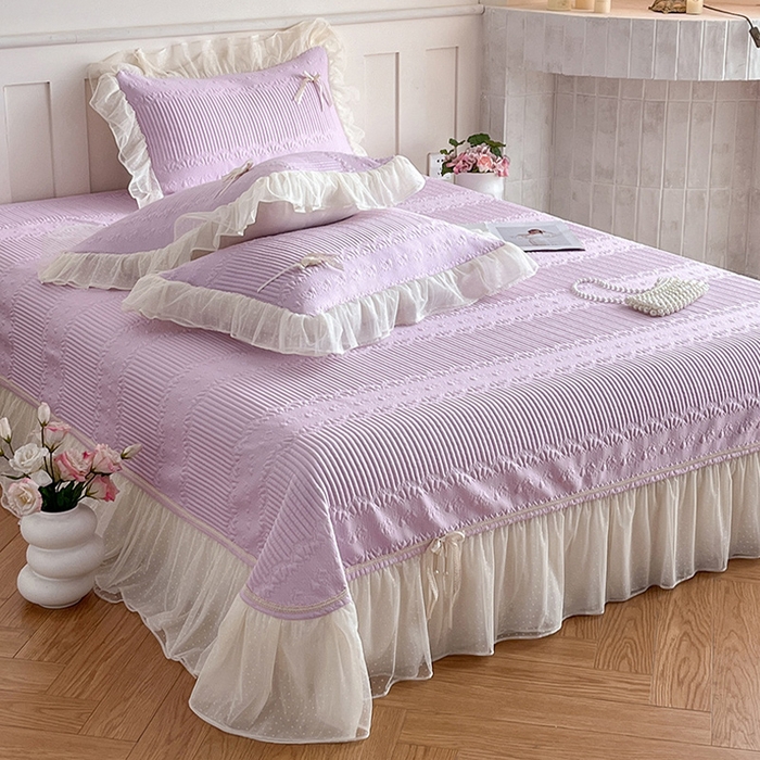 91家纺网 家纺一手货源 找家纺 蓝邻家纺 2025年新款PE提花海岛皱花边织带款凉席系列 羽希-浅紫