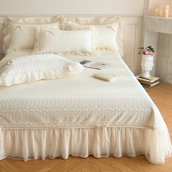 91家纺网 家纺一手货源 找家纺 蓝邻家纺 2025年新款PE提花海岛皱花边织带款凉席系列 羽希-米白