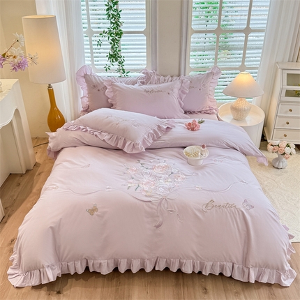 绒棉世家 2025新款韩版贴布绣刺绣四件套-花蔓 花蔓-雅紫