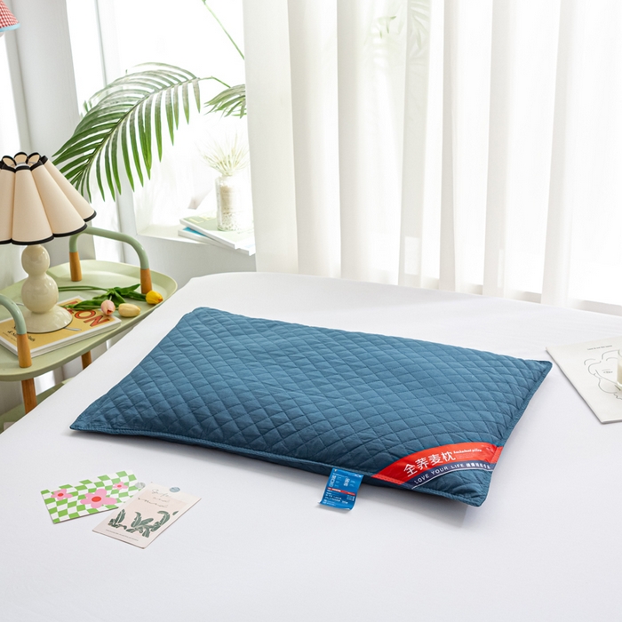91家纺网 家纺一手货源 找家纺 萌番宝 2025新款简约纯色全棉纯棉全荞麦枕表面多道绗缝内胆可脱卸枕头枕芯 藏青全荞麦枕