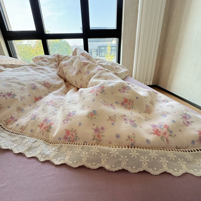 91家纺网 家纺一手货源 找家纺 8+8 （花型持续更新中）2025新款全棉双层纱镂空花边/皱皱花边四件套 梦露