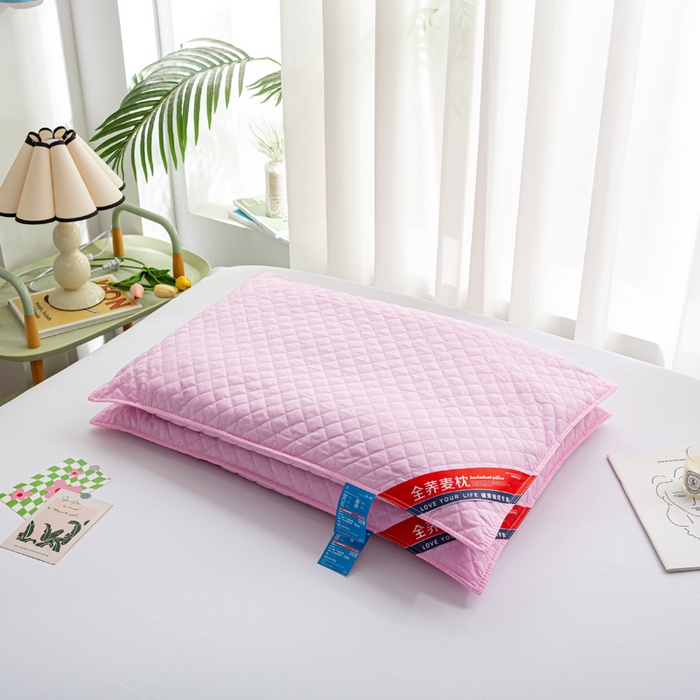 91家纺网 家纺一手货源 找家纺 萌番宝 2025新款简约纯色全棉纯棉全荞麦枕表面多道绗缝内胆可脱卸枕头枕芯 粉红全荞麦枕