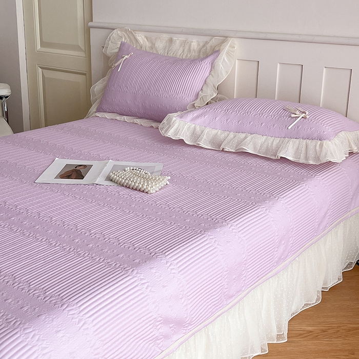 91家纺网 家纺一手货源 找家纺 蓝邻家纺 2025年新款PE提花海岛皱花边织带款凉席系列 羽希-浅紫