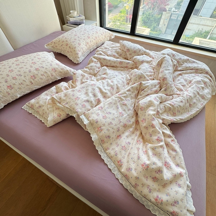 91家纺网 家纺一手货源 找家纺 8+8 （花型持续更新中）2025新款全棉双层纱镂空花边/皱皱花边四件套 梦露