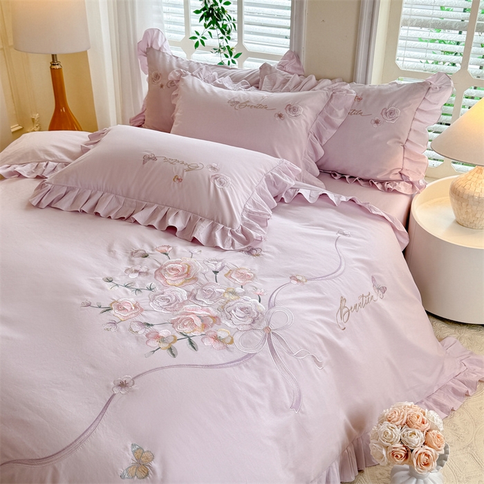 91家纺网 家纺一手货源 找家纺 绒棉世家 2025新款韩版贴布绣刺绣四件套-花蔓 花蔓-雅紫