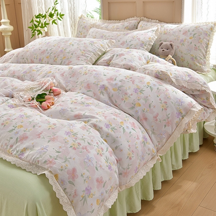 绘萱家居 2025新款100%全棉双层纱花边床裙款四件套 CQ盈若