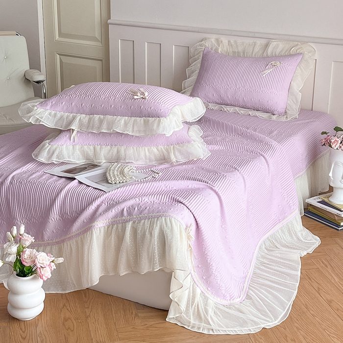 91家纺网 家纺一手货源 找家纺 蓝邻家纺 2025年新款PE提花海岛皱花边织带款凉席系列 羽希-浅紫