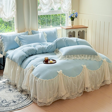 91家纺网 家纺一手货源 找家纺 睡美人 2025年锦棉糯糯棉蕾丝公主款双层纱被套床裙四件套 翩翩起舞-青春兰