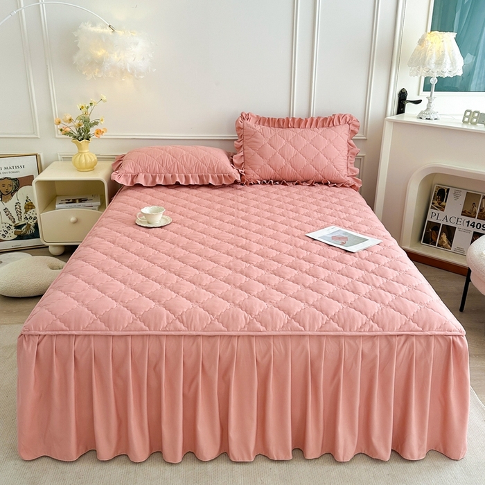 91家纺网 家纺一手货源 找家纺 2025新款蝴蝶飞飞系列 --A类亲肤棉床裙床笠二合一 豆沙 