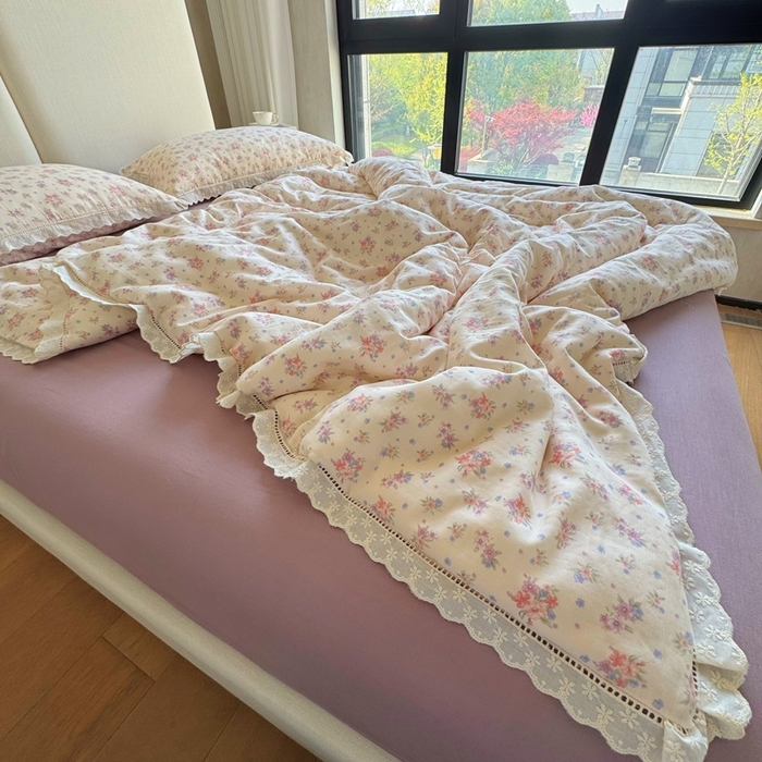 91家纺网 家纺一手货源 找家纺 8+8 （花型持续更新中）2025新款全棉双层纱镂空花边/皱皱花边四件套 梦露