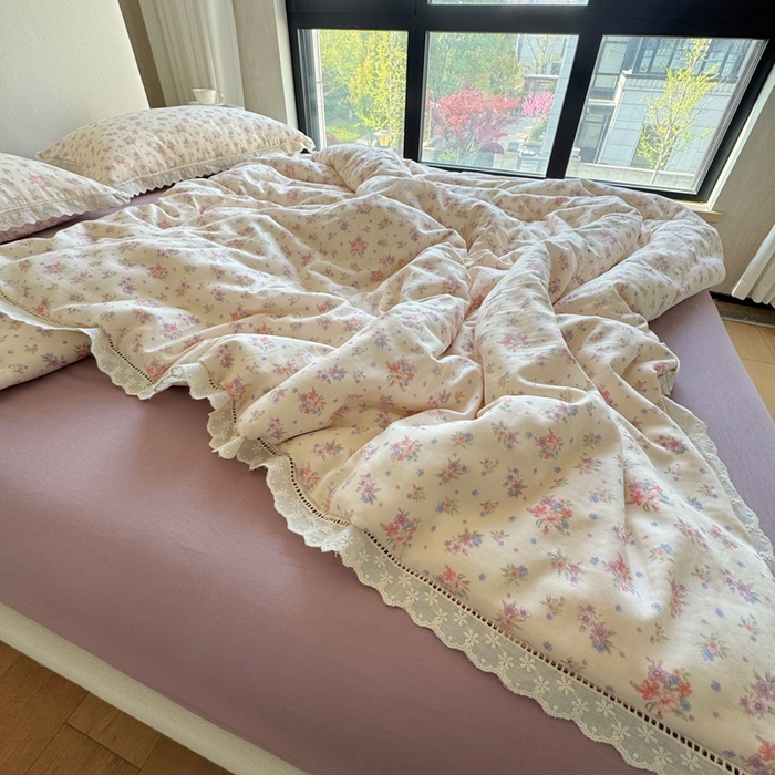 91家纺网 家纺一手货源 找家纺 8+8 （花型持续更新中）2025新款全棉双层纱镂空花边/皱皱花边四件套 梦露