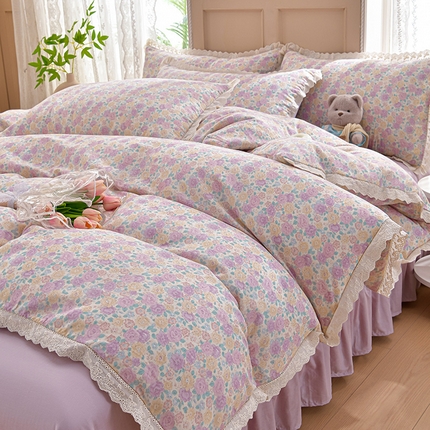 91家纺网 家纺一手货源 找家纺 （总）绘萱家居 2025新款100%全棉双层纱花边床裙款四件套