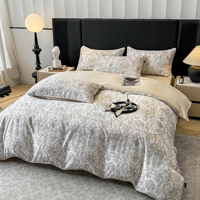 91家纺网 家纺一手货源 找家纺 （总）洺兰家居 2025春夏新款100支莱赛尔天丝贡缎数码印花麻绳款四件套高端礼盒